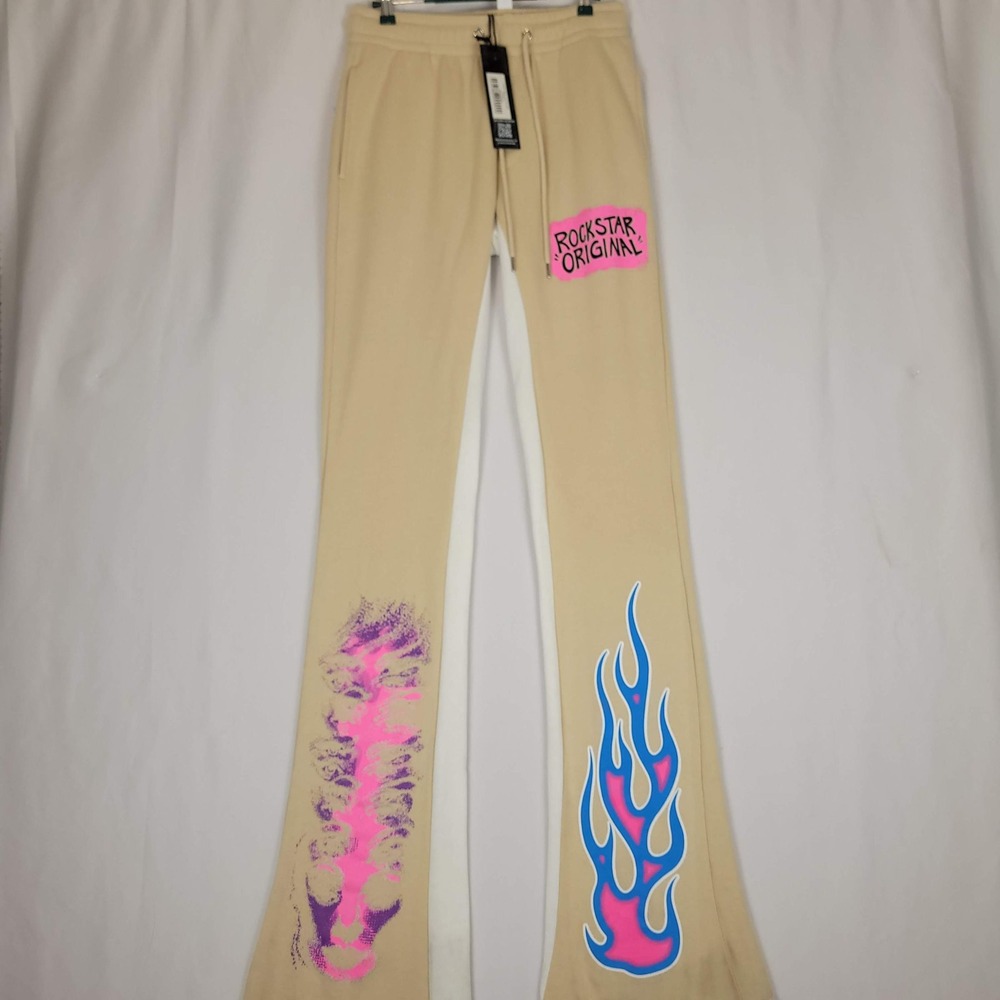 Rockstar Original Beige Baggy Flare Sweat Pants Graphic Sweatpants M NWT